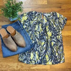 Boden Women’s 6 Blue Yellow Polka Dot Silk Blend Key Hole Short Sleeve Blouse